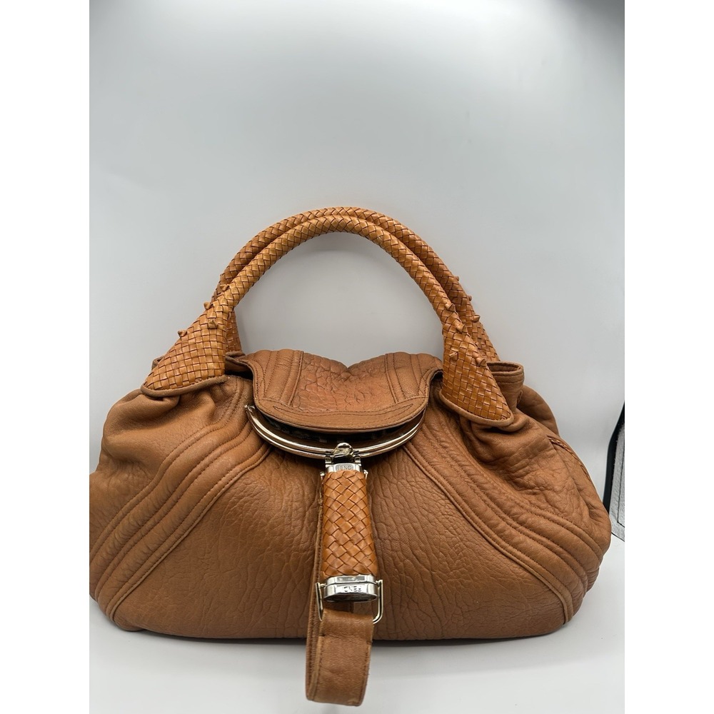Fendi Spy Bag Brown Leather Zucca Lining Large Woven Handle Y2K